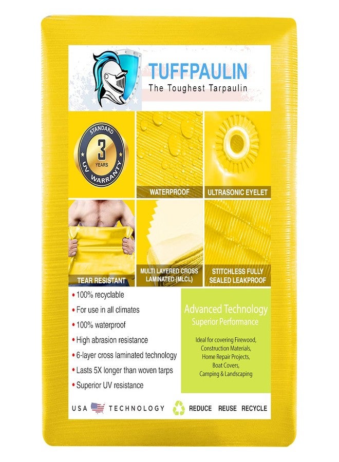 TUFFPAULIN 12FT X 12FT 150 GSM Yellow Heavy Duty Tarpaulin Tirpal Tadpatri Tharpai Thadika, Extra Strong, Eyelets, UV Resistant, 100% Waterproof Virgin, 6 Layer MLCL 3D Rib Technology-1 No. - Image 2